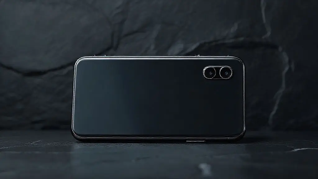 Smartphone premium com tela grande e corpo de titânio, exibindo suas câmeras avançadas e design moderno em um estúdio fotográfico de alta qualidade.