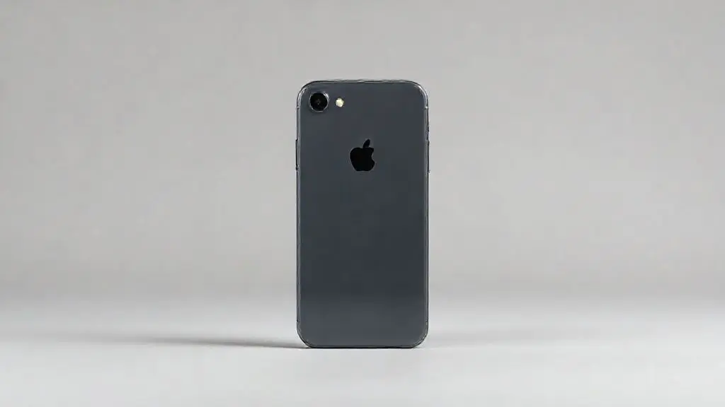 Análise completa do iPhone SE. Imagem de um smartphone moderno e elegante sem marca, com botão home, em um fundo de estúdio, representando o design do aparelho.
