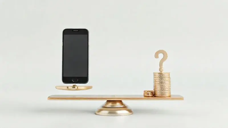Ilustração de um smartphone em uma balança, ponderando se o iPhone X ainda é uma boa opção de compra em termos de custo-benefício.