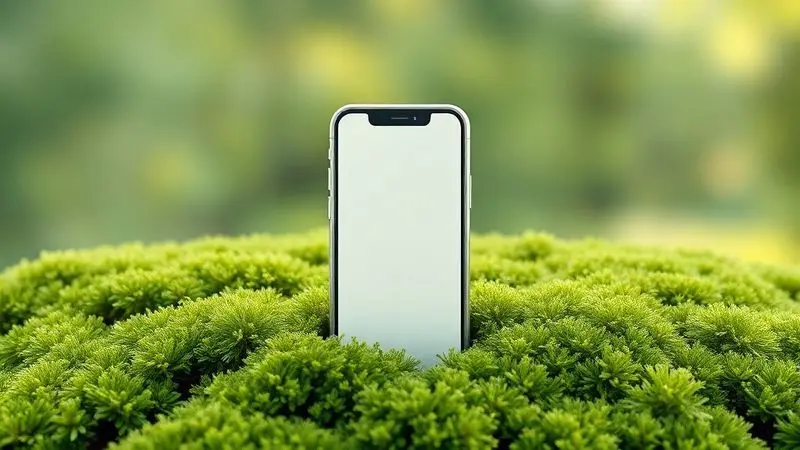 Arte conceitual 3D sobre sustentabilidade e design ecologicamente correto na fabricação de smartphones.