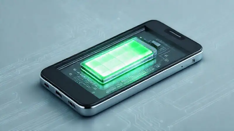Render 3D de uma bateria de smartphone otimizada e brilhante, simbolizando a longa duração e a otimização da energia.