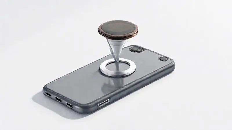 Ilustração conceitual de uma capa de celular com anel magnético e acessório flutuante, destacando a funcionalidade MagSafe.