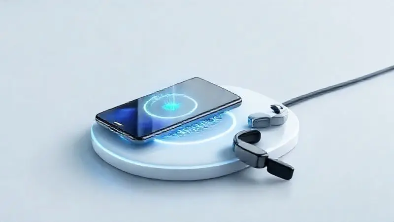 Ilustração de carregamento sem fio ultra-rápido em um smartphone, com acessórios futuristas ao lado, como fones e relógio.