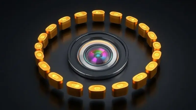 Ilustração conceitual de uma lente de câmera de smartphone rodeada por pontos de luz, simbolizando o valor e o custo-benefício do investimento.