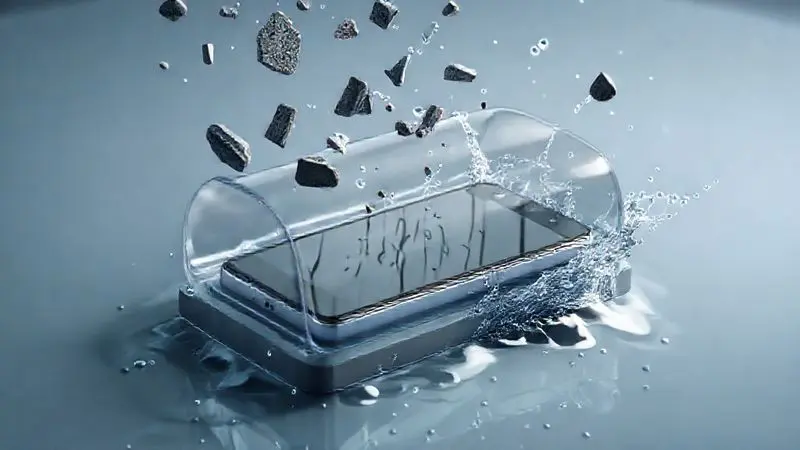 Ilustração conceitual de um celular protegido por uma barreira invisível contra água e impacto, representando a segurança da capa.
