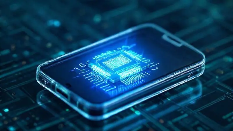 Renderização conceitual de um chip de 3 nanômetros superpotente, com luzes azuis e verdes, simbolizando a tecnologia de processamento.
