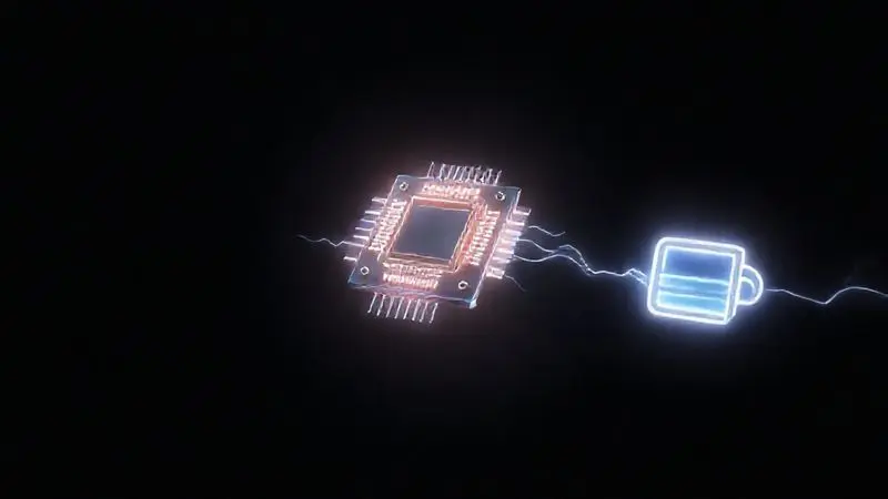 Renderização 3D de um microchip flutuante conectado a uma onda de energia, simbolizando o alto desempenho e a bateria duradoura do processador.
