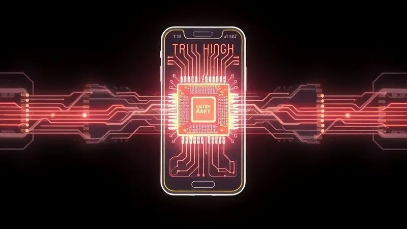 Ilustração do chip de alto desempenho com traços de energia que simbolizam velocidade e autonomia