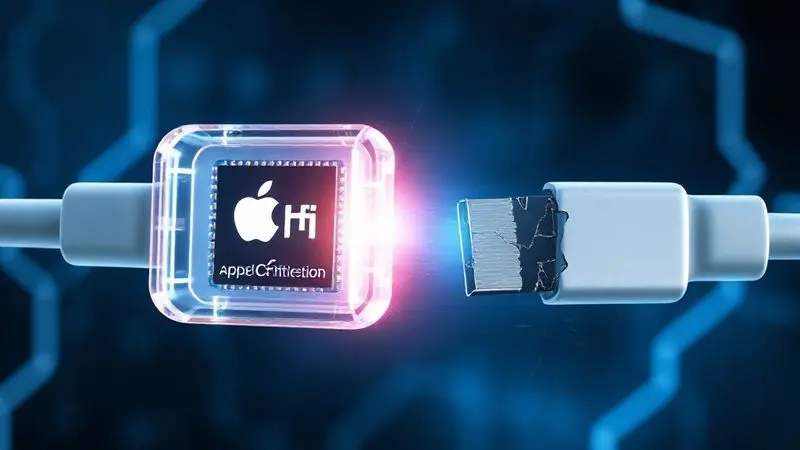 Ilustração 3D conceitual de um chip MFi, destacando a segurança e qualidade dos cabos certificados pela Apple.