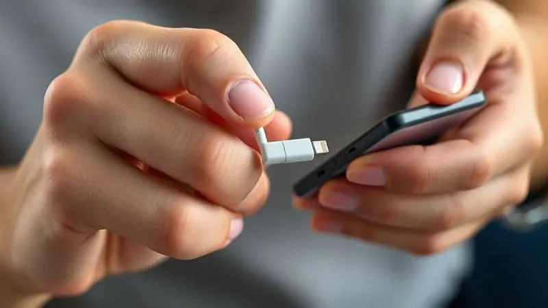 Pessoa mostrando a forma correta de desconectar o cabo Lightning, segurando o conector para prolongar a vida útil.