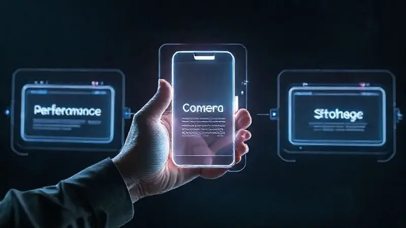 Ilustração 3D conceitual de uma pessoa escolhendo um iPhone baseado em múltiplas especificações técnicas e recursos.