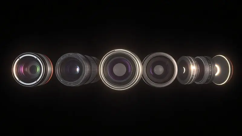 Ilustração conceitual de diferentes lentes de câmera de smartphone para ajudar a escolher o iPhone com a melhor câmera para fotografia.