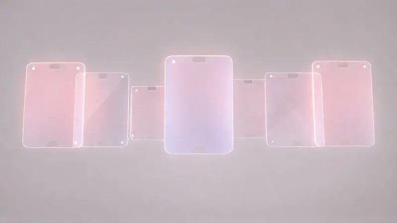 Ilustração conceitual mostrando diferentes tipos de películas para celular, como foscas e de vidro, para ajudar o usuário a decidir qual comprar.