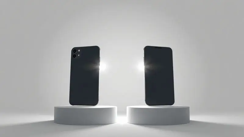 Renderização 3D de dois smartphones minimalistas lado a lado, representando a comparação e escolha do melhor modelo para fotografia.