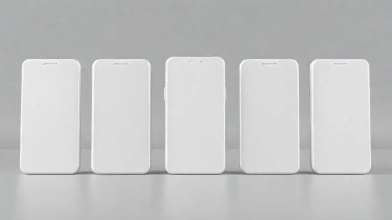 Render 3D conceitual comparando diferentes modelos e tamanhos de smartphones lado a lado para ajudar na escolha.