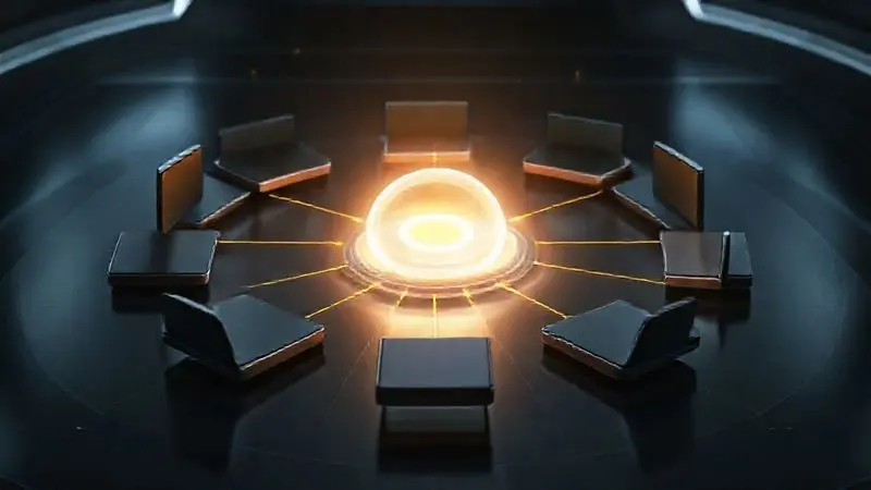 Ilustração 3D conceitual de diferentes modelos de smartphones genéricos conectados a uma fonte de energia central, simbolizando a compatibilidade de bateria.