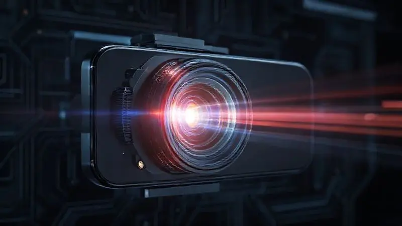 Ilustração conceitual do avançado sistema de câmera e processamento de vídeo de um smartphone moderno.