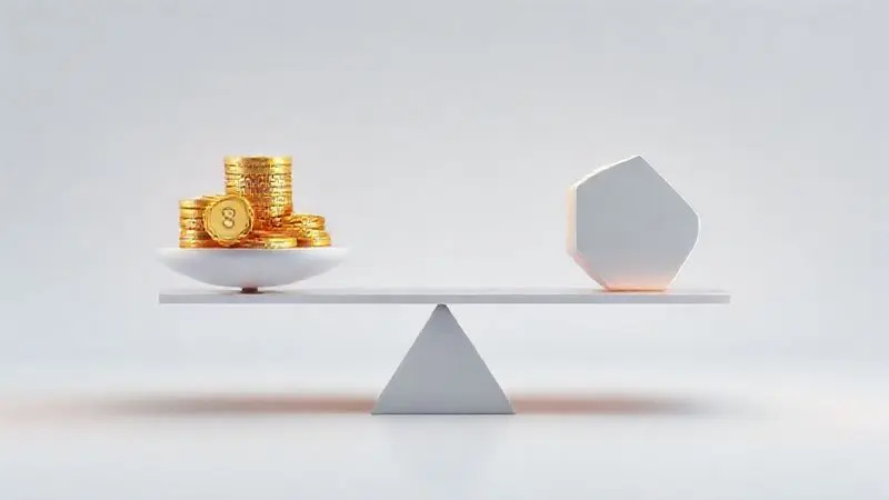 Representação conceitual de uma balança equilibrada com moedas e um objeto de valor, simbolizando a análise de custo-benefício e preço.