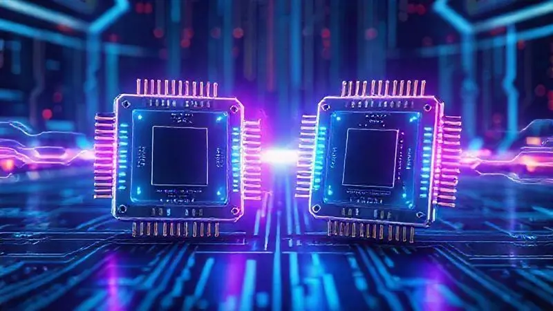 Ilustração digital de chips de processamento competindo, representando a diferença de desempenho entre o A14 e o A15 Bionic.