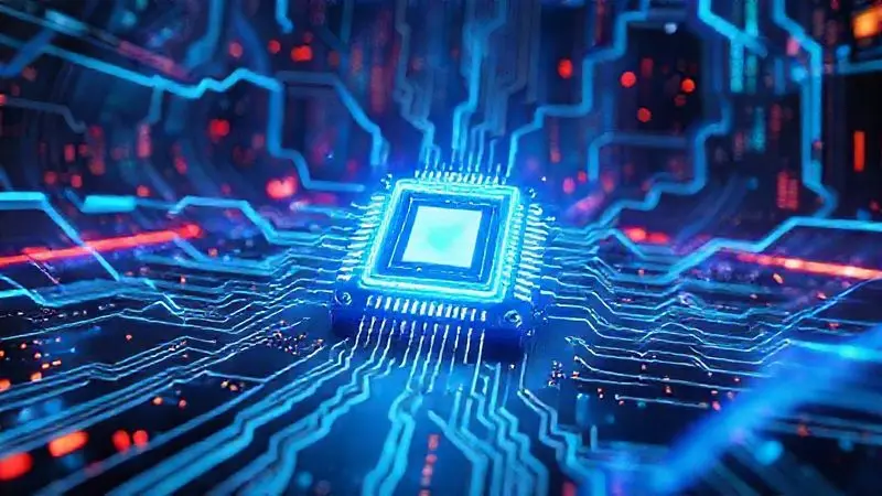 Render 3D de um microchip poderoso em um ambiente de jogo futurista, representando o desempenho do smartphone em games.