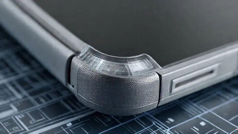 Visão macro detalhada de um canto reforçado em uma capa de celular, mostrando o design de absorção de choque.