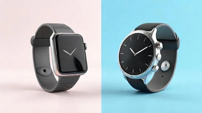 Ilustração conceitual com dois smartwatches diferentes lado a lado para comparar as principais diferenças entre Apple Watch e outros modelos.