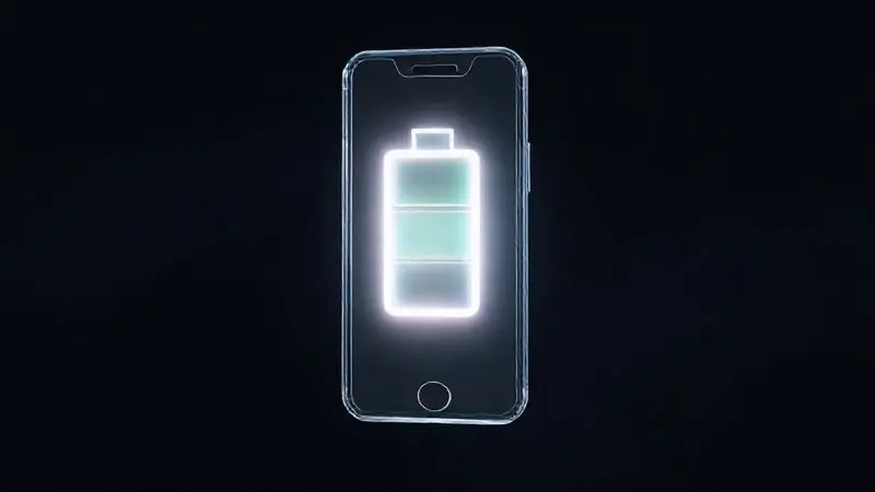 Ilustração 3D da bateria de um celular brilhando intensamente dentro do contorno de um aparelho, representando a duração e a vida útil da bateria.