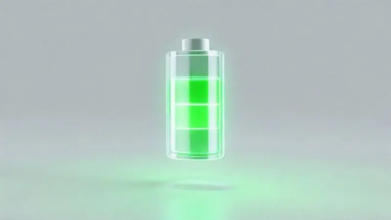 Ilustração 3D representando a longa vida útil e a boa duração da bateria do iPhone XS, com um ícone de bateria verde e brilhante.