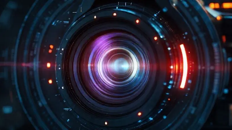 Ilustração 3D de uma lente de câmera futurista, simbolizando a qualidade profissional de foto e vídeo do smartphone.