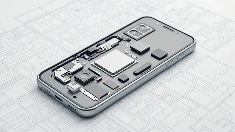 Ilustração conceitual da ficha técnica de um smartphone, mostrando componentes internos como processador e câmera em um layout organizado.