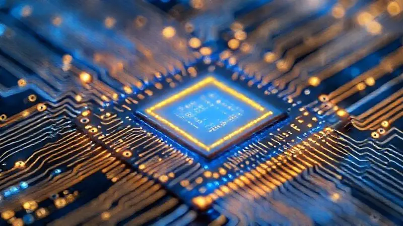 Ilustração 3D de um chip processador abstrato com caminhos eletrônicos brilhantes, simbolizando a alta velocidade e poder de processamento.