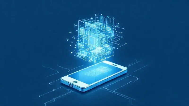 Ilustração digital de dados técnicos e especificações de hardware de um smartphone de alta performance.