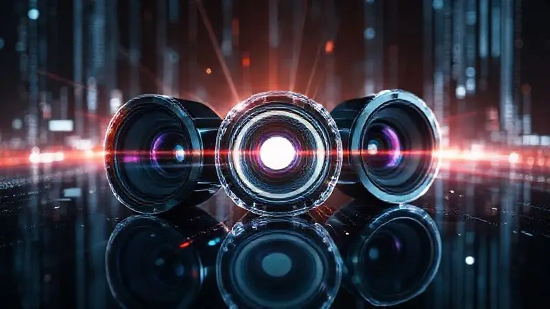 Ilustração conceitual de lentes de câmera de smartphone de alta tecnologia, representando a excelência fotográfica do iPhone Pro.