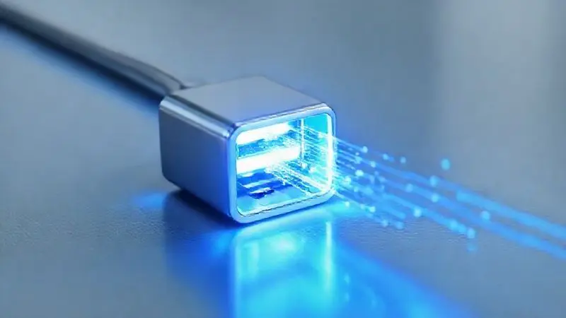 Renderização 3D de uma porta USB-C moderna com fluxos de dados, representando a conectividade e carregamento rápido.