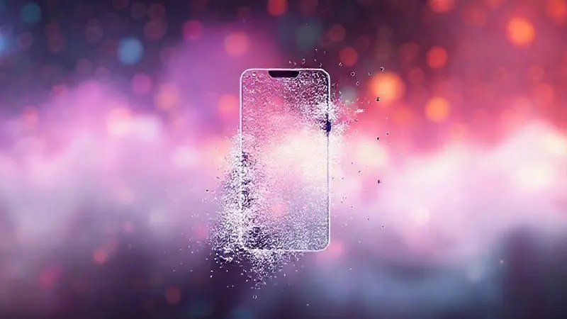 Representação conceitual de um smartphone sendo descontinuado, desvanecendo em partículas digitais, simbolizando o ciclo de vida do produto.