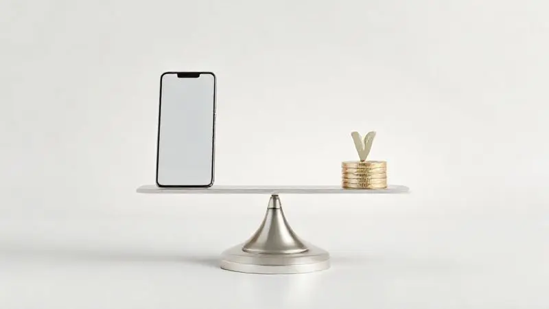 Ilustração conceitual de uma balança pesando um smartphone e moedas, simbolizando a análise se o iPhone SE vale a pena pelo seu custo-benefício.