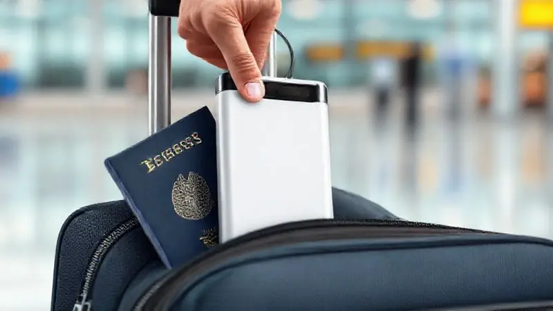 Ilustração de um power bank sendo colocado na bagagem de mão em um aeroporto, indicando as regras para levar o dispositivo em um avião.