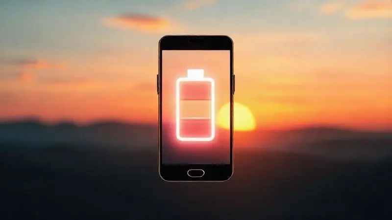 Ilustração artística representando a longa duração da bateria de um smartphone, funcionando do nascer ao pôr do sol.