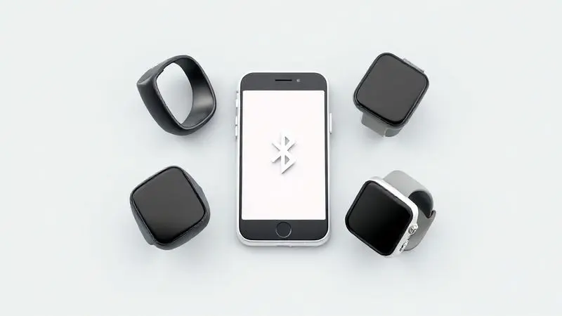 Ilustração digital de vários smartwatches genéricos de diferentes marcas conectados a um iPhone, mostrando a compatibilidade entre eles.