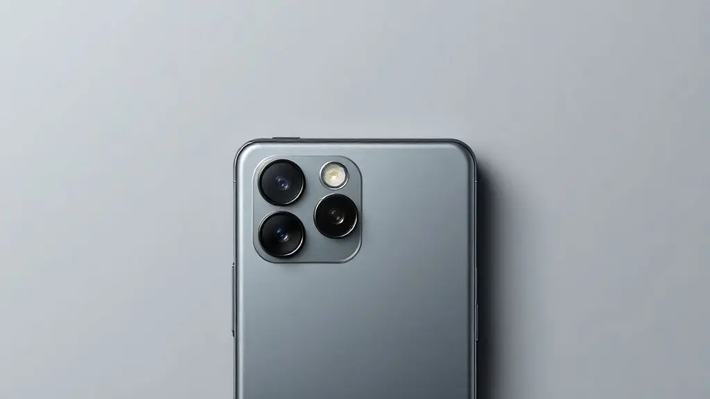 Um smartphone moderno sem marca visto de perto, destacando seu sistema de câmera tripla em um fundo de estúdio, representando qual iPhone tem a melhor câmera.