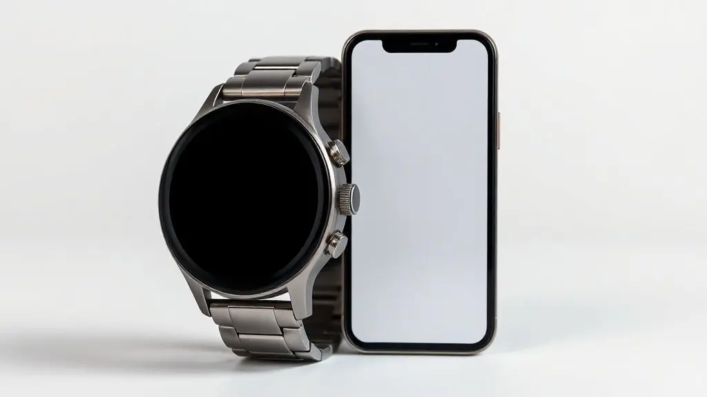 Um smartwatch moderno e sem marca ao lado de um smartphone, ilustrando os melhores smartwatches compatíveis com o sistema iPhone.