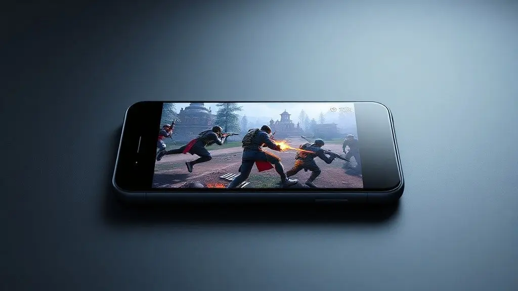 Fotografia profissional de um smartphone moderno, com a tela exibindo um jogo de battle royale, simbolizando os melhores iPhones para Free Fire.