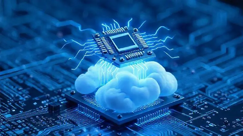 Ilustração 3D de um microchip flutuante com linhas de dados, representando alto desempenho e capacidade de armazenamento.