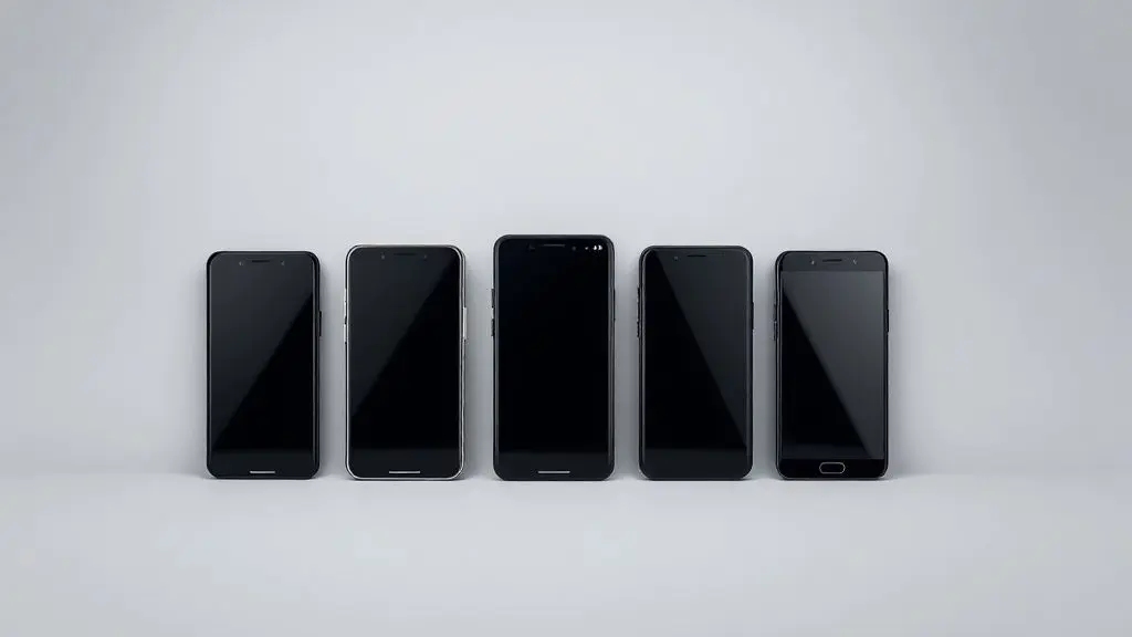 Cinco modelos de celulares modernos e premium alinhados, representando as melhores alternativas de celular melhor que iPhone no mercado atual.