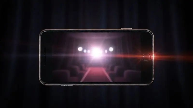 Renderização artística da tela de um smartphone mostrando um vídeo cinematográfico, ilustrando a qualidade do Modo Cinema das câmeras.