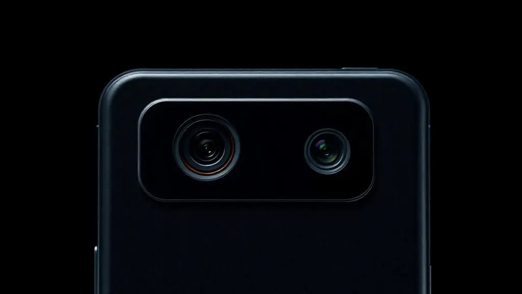 Módulo de câmera dupla de um smartphone moderno com lentes nítidas e detalhadas, em estúdio profissional, ilustrando a qualidade fotográfica.