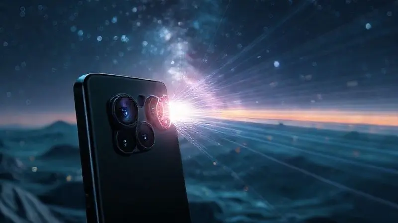 Render conceitual de um módulo de câmeras de alta tecnologia capturando dados complexos e luz em um cenário noturno.