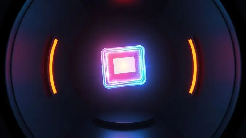 Render conceitual de um núcleo de energia de bateria de alta densidade, ilustrando eficiência e longa duração.
