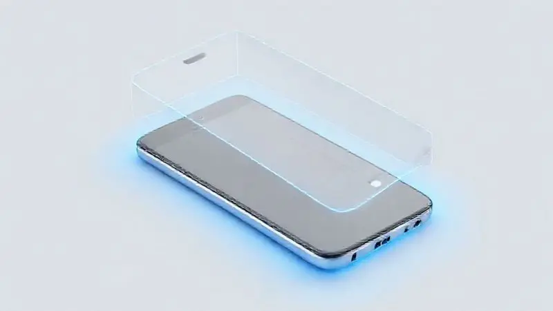 Render 3D de uma película com bordas que protege toda a tela do celular, ilustrando o conceito de segurança e cobertura completa contra impactos.