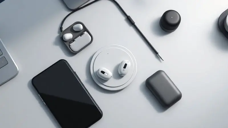 Renderização de uma variedade de acessórios essenciais para iPhone, incluindo carregador sem fio e fones de ouvido.